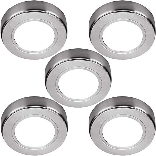 Loops 5 Pack | Bright 2.6W LED Under Cabinet Spot Lights & Driver Kit | Kitchen Worktop Countertop Cupboard Unit Down Light | Modern Round Lighting Brushed Nickel 5 Lights & Driver