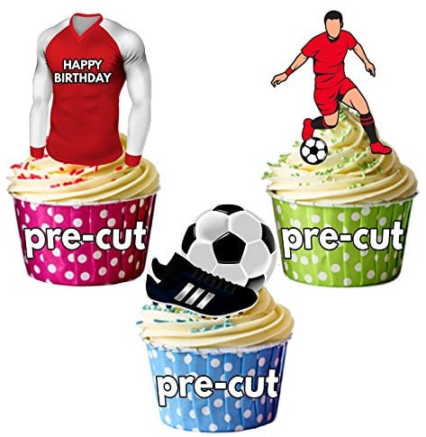 AK Giftshop PRECUT Happy Birthday Football Party Pack - Edible Cupcake Toppers/Cake Decorations Red and White Shirt Top (Pack of 12)