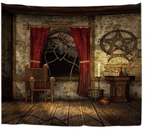 A.Monamour Wanddekor Wandteppiche Vintage Alten Gotischen Mittelalterlichen Haus Pentagram Symbol Dekore Mystischen Raum Kunst Gedruckt Stoff Wand Gobelin Wandbehänge Vorhänge Tischdecke Bett Deckt