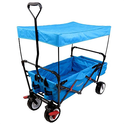 FUXTEC Folding Wagon – Stroller, Hand Cart, Garden Trolley, Festival Wagon, Outdoor Transport, Beach & Loose Ground, Removable Canopy, Pull Handle, 4 Wheels, Rear Bag, Cover – CT350 Blue