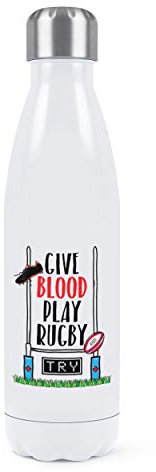 Give Blood Play Rugby Double Wall Water Bottle Insulated Stainless Steel Sports Drinks 500ml White