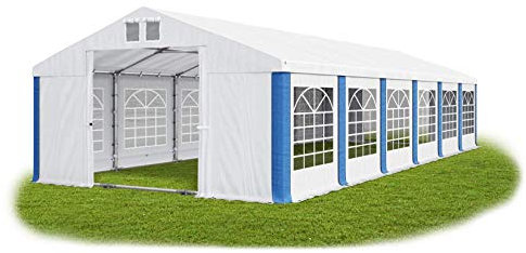 Das Company Partyzelt 6x12m wasserdicht weiß-blau mit Bodenrahmen und Dachverstärkung Zelt Dachplane modular 580g/m² PVC hochwertig Gartenzelt Summer Plus MS/SD