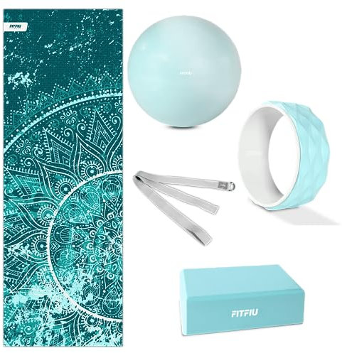 FITFIU Fitness KITWELL-400 - Pack de 4 accesorios Yoga Pilates color Azul que incluye esterilla, bloque, aro y correa