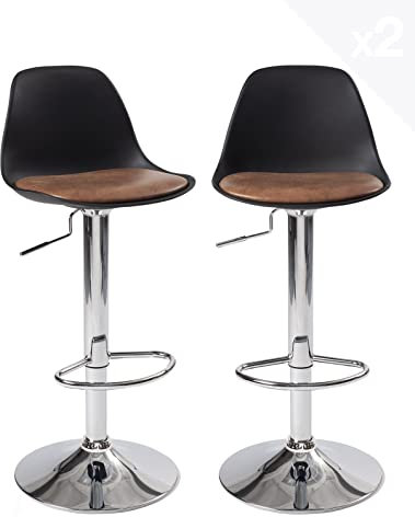 KAYELLES Lot de 2 tabourets de Bar Design Coussin Simili Cuir Effet Vintage rembourré, Repose Pied, Pied chromé réglable en Hauteur et pivotant 360° SIG + (Noir-Marron)
