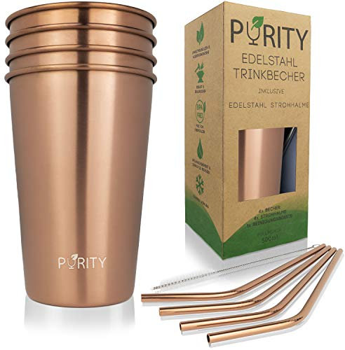 Purity Edelstahl Trinkbecher - 4 wiederverwendbare Metall-Becher mit 4 Edelstahl Strohhalmen für Softdrinks, Cocktails, Moscow Mule & Smoothies | Ideal für Kinder, Reisen und Partys (Rosegold)