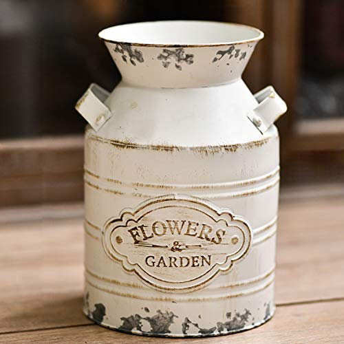 JSY-UP Rustic Metal Flower Vase, Shabby Chic Vintage Farmhouse Jug Vase,Galvanized Milk Can with Handle for Home Decoration -7.9inch
