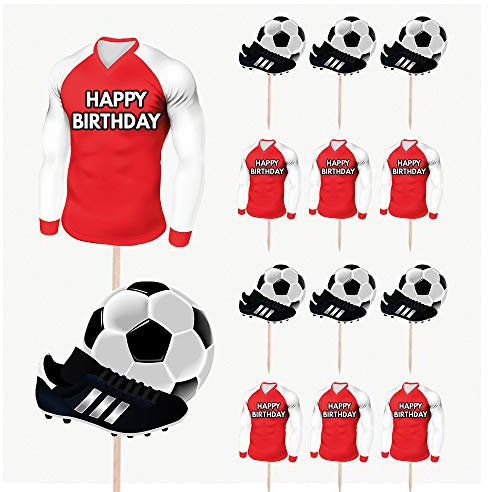 AK Giftshop Football Birthday Cupcakes Cake & Food Decorations Party Picks Toppers - RED and White Team Colours (Pack of 14)