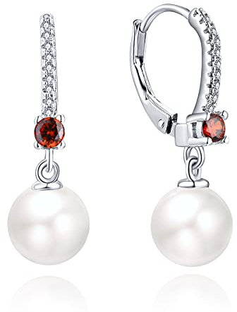 JO WISDOM Damen Perlen Ohrringe Perlenohrringe Silber 925 Hängend Hochzeit Ohrringe mit 8MM Perlen 3A Zirkonia Januar Geburtsstein Granatfarbe,Schmuck für Frauen