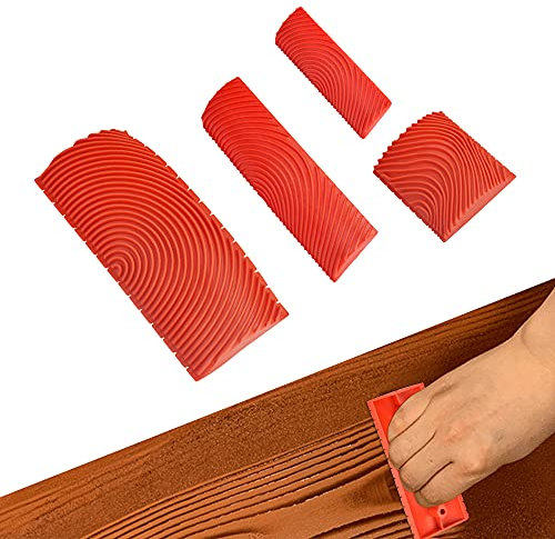 WENRERO 4 Pezzi Strumento Venatura del Legno Strumento Texture Legno Grano Tampone Effetto Legno Attrezzi per Pittura con Venature del Legno Spatola Effetto Legno in Gomma per Parete e Fai da Te