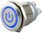SeKi Edelstahl Drucktaster Ø19mm tastend flacher Kopfform farbig beleuchtetem Power Symbol in blau Schraubanschluss; Klingeltaster
