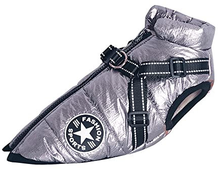 Hundeweste,Hundemantel Wasserdicht,Warme Weste mit Hundegeschirr Winter Warm und weich 9 Farben-Silber XL