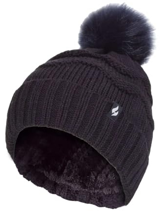 HEAT HOLDERS Ladies Winter Fur Beanie Hat Zigzag Patterned Pom Pom Hat | Womens Thermal Cuff Bobble Hat