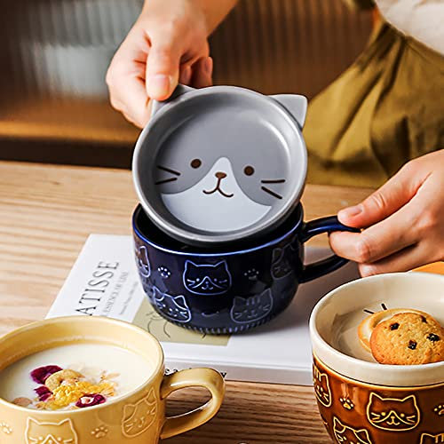 Kafei Taza bonita japonesa de 300ml, taza de café Kawaii con cabeza de gato de cerámica creativa con tapa, taza de desayuno para parejas en casa, taza de leche, taza de agua, taza de café