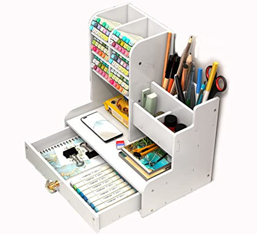 Notwoe Schreibtisch Organizer mit Schublade,Vielseitig einsetzbar Stiftehalter,Stiftehalter Schreibtisch,Desk Organizer Weiß Für Zuhause,Büro und Schule. (Weib-A)