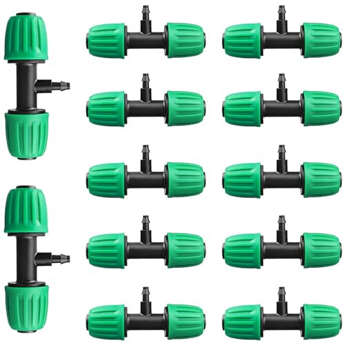 JOYPRO Raccordi per irrigazione a goccia per tubi da 1/2 (1,6 cm OD) a 1/4, 12 pezzi a T spinato, connettori a 3 vie per tubo di irrigazione a goccia (13 mm ID / 4 mm ID)
