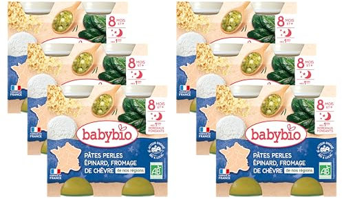 Babybio - Petits pots - Pâtes perles Epinard & Fromage de chèvre avec morceaux - BIO - 8+ mois - 2x200g - Lot de 6