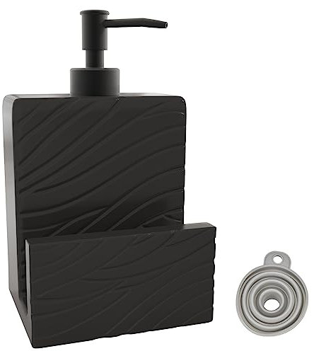Karisky Dish Soap Dispenser and Sponge Holder, Matte Ceramic Hand Soap Dispenser for Kitchen Sink, Farmhouse Liquid Soap Dispenser Pump for Kitchen Countertop, Bathroom (Black Wavy)