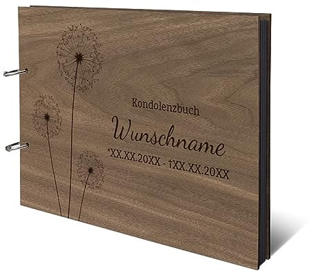 Personalisiertes Kondolenzbuch echtes Holz DIN A4 Fotoalbum mit Lasergravur - Pusteblume - mit 25 Blatt / 50 Seiten Fotokarton Schwarz