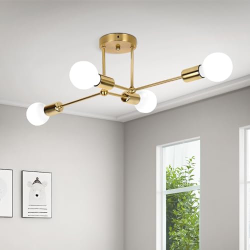 ALLOMN Sputnik Kronleuchter, Vintage Gold Sputnik Deckenleuchte 4 Lichter E27 Mid-Century Halbbündige Deckenleuchte Industrielle Kronleuchter für Schlafzimmer Wohnzimmer Küche Esszimmer Büro