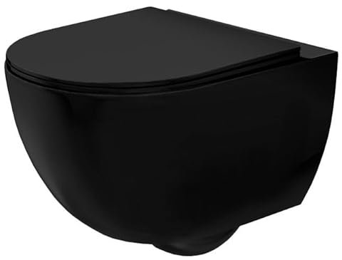 Rea Inodoro suspendido Carlo Mini Rimless Flat Black Mat Taza de cerámica - Asiento Softclose Duroplast - Descenso automático con cierre suave (Negro mate)