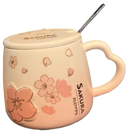CAPIJIONG Mug en céramique avec couvercle et cuillère pour couple Motif fleurs de cerisier 400 ml