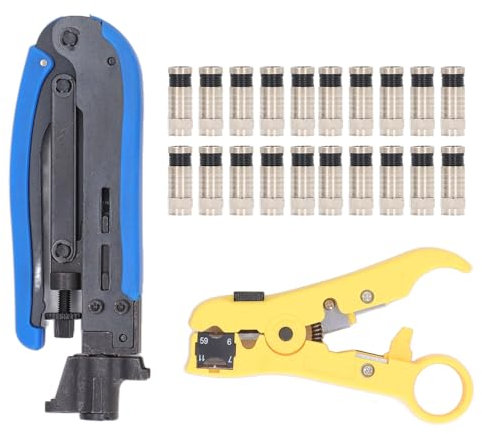 Kit de Sertissage de Câble Coaxial, Kit D'outils de Compression Coaxiale, Ensemble de Sertisseuse de Câble Coaxial avec 20 Connecteurs F RG6, Pince à Sertir de Câble Coaxial