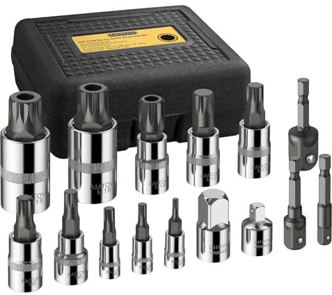 AMTOVL Juego de Llaves de Vaso XZN Triple Square Spline 15PCS Juego de Llaves de Vaso con Juego de Adaptador y Reductor Juego de Adaptadores de Llave de Vaso con Extensión Bits M4-M18