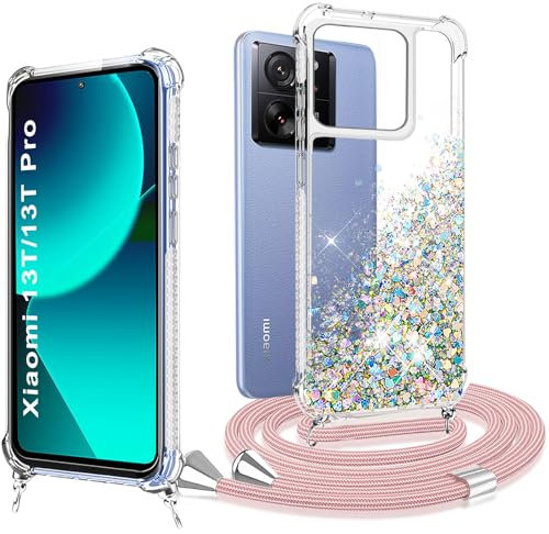 Handykette Xiaomi 13T/ 13T Pro Hülle mit Band Handyhülle Xiaomi 13T/ 13T Pro mit Kette Glitzer Mode Kreatives Handytasche Schutzhülle Flüssig mit Kordel zum Umhängen Handyanhänger Halsband Lanyard