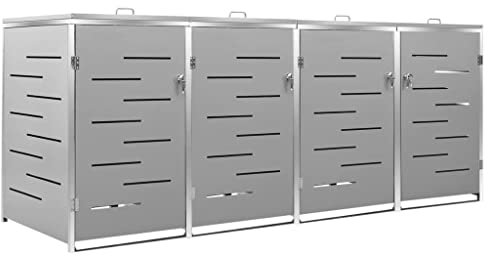 vidaXL Quadruple Wheelie Bin Shed | Stainless Steel & Galvanized Steel | Rust-Resistant & Lockable | Outdoor Trash Can Storage | Grey