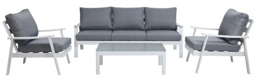 MOMMA HOME Conjunto Mesa y Sillones Jardin - Mesita y Sofas Terraza, Conjunto Jardin Exterior, Sofá + 2 Sillones + Mesa de Centro Cristal Templado, JAVEA