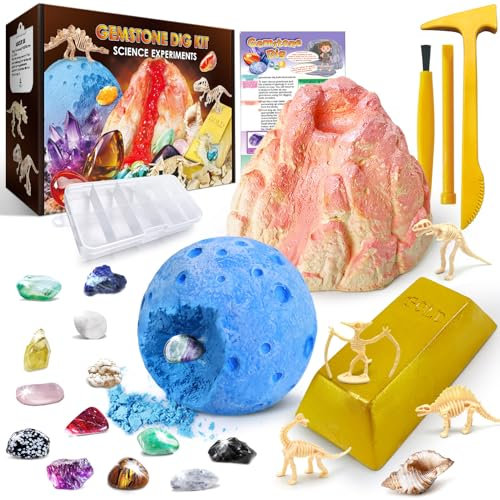 UNGLINGA Edelsteine Ausgrabungsset für Kinder, Experimentierset Spielzeug, Edelsteine Ausgraben Set mit 15 Geologie Steine Vulkan Ausgrabungs STEM Spielzeug Geschenk für Kinder Jungen Mädchen