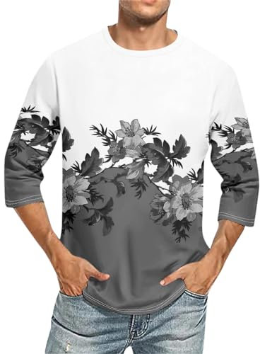 Sportshirt Herren Kurzarm Herrenhemden Langarm T Shirt Bedrucken Shirt 3/4 Arm Herren Rundhals 3D Druck Dreiviertelarm Shirt Regular Fit Baseball Shirt Für Männer Still Tshirt (Dunkelgrau, L)