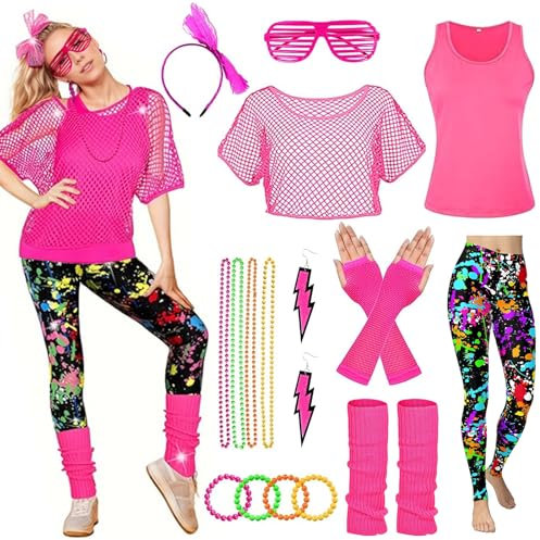 HIQE-FL 80er Jahre Accessoires Outfit Damen, Workout Kostüm Mit Bauchtasche, 4 Perlen Neonhalsketten für Karneval, Fasching, Mottoparty