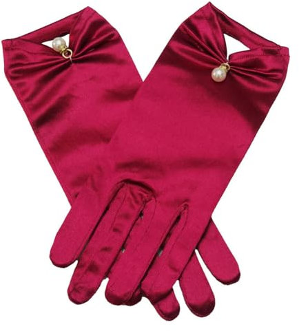 ihreesy Kurze Satinhandschuhe, 22cm Hochzeitshandschuhe Opernhandschuhe 1920er Jahre Perlenhandschuhe Blumenhandgelenk Spitzenhandschuhe Damen Handgelenk für Frauen und Mädchen,Weinrot