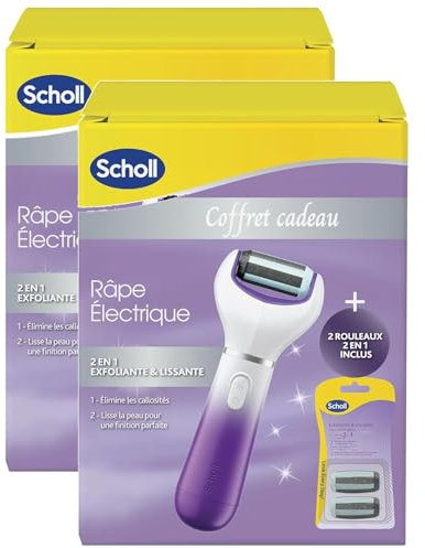 SCHOLL Lot de 2 Coffrets Râpe électrique 2 en 1 pour éliminer les callosités + 2 Rouleaux 2 en 1