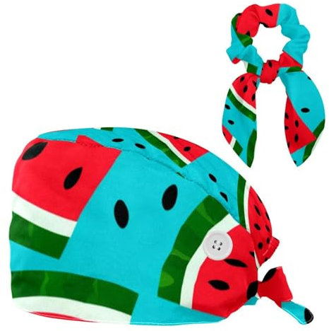 CWAGFEQZ Scrub Caps Damen,Scrub Mützen für Frauen geeignet,Grüner Hintergrund Wassermelone