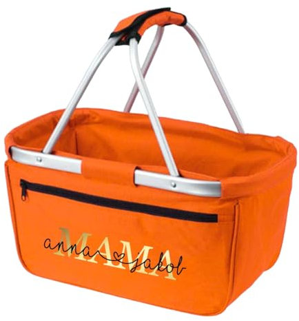 AWASG Einkaufskorb Mama Mom - Personalisiert mit Name - Einkaufstasche faltbar Tragekorb mit Aufdruck - 45 x 25 x 25 cm (orange)