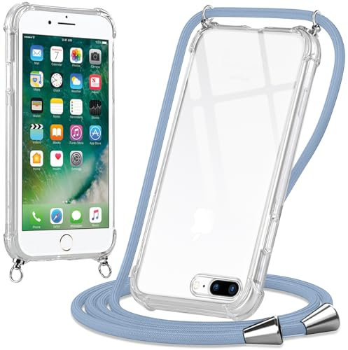 Oelrstfe Coque pour iPhone 8 Plus/iPhone 7 Plus avec Cordon, Transparente Silicone Housse avec Réglable Cordage - Collier Case Protection pour iPhone 8 Plus, Bandoulière - Bleu