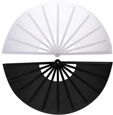 2 Pcs Hand Fan Folding Large Foldable Rave Fan Chinese Kung Fu Tai Chi Fan Performance Decorations Hand Held Fan for Festival Dance Party (Black and White)