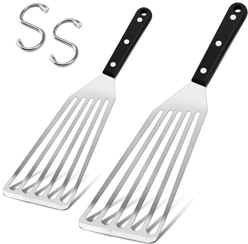 Joyfair Fish Spatula, Stainless Steel Fish Turner with ABS Handle, Metal Slotted Spatula Turner for Cooking/Flipping/Frying Egg Patties Fries Pancake Steak, 2 Size & 2 Pothooks, Dishwasher Safe