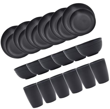 Plate Dishes Set,Wheat Straw Tableware Set Plate Dishes Water Cup Bowl Black