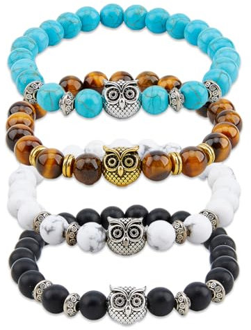 SUPERFINDINGS 4 Stile Eulen Perlen Armbänder Set Heilenergie Glücksstein Armbänder Eulen Charm Perlenarmbänder Stretch Angst Armband Set Paar Armbänder Geschenke Für Frauen Und Mädchen