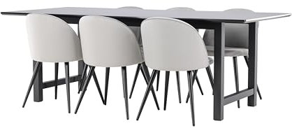 Essgruppe mit 6 Stühlen - Oslo Skagen 100x220 cm Oberfläche Schwarz Bezug Grau Velours rechteckig skandinavisch modern zeitlos funktional Design Wohnküche Esszimmer Sitzgruppe Essplatz 6 Personen