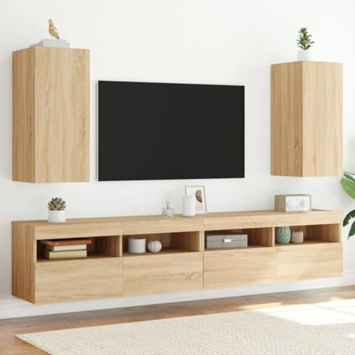 Homgoday TV-Wand-Möbel mit LED-Lichtern, 2 Stück, Sonoma-Eiche, 30,5 x 35 x 70 cm, TV-Schrank, TV-Schrank für Wohnzimmer, industrielle TV-Ständer