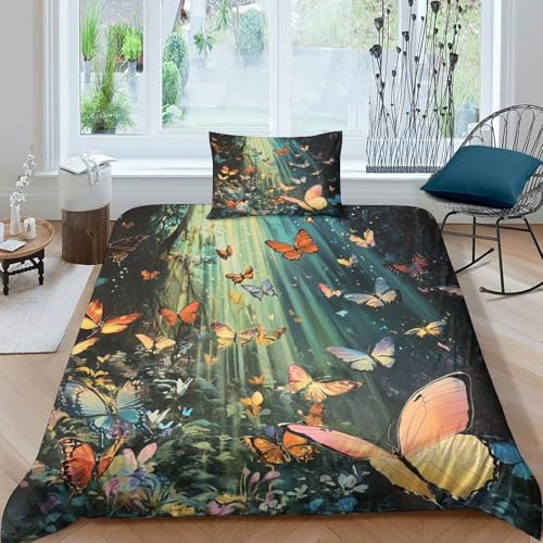 OSBELE Schmetterlinge im Wald Bettwäsche Set,Kinder Bettwäsche, Muster Bettbezug 3D Ghibli-Stil Bettbezug Set, Mit Bettbezug Und Kissenbezug Schlafkomfort Microfaser Single（135x200cm）