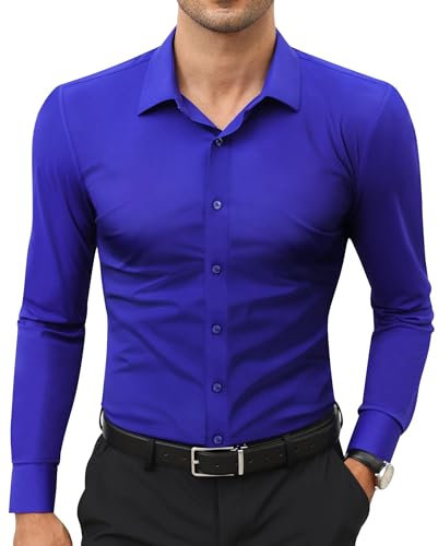siliteelon Stretch Men Shirts Slim Fit Shirt Men Non Iron Casual Formal Shirts for Men Adult Athletic Sport Work Office Wedding Party Concerts Blue,XL