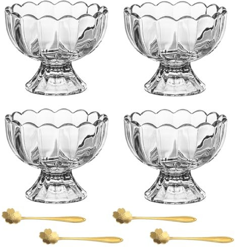 4er Set Eisschalen Dessertschale Glas Mit Fuß, 145ml Eisbecher Dessertgläser Eisgläser Mit Löffel, Niedliche Tulpenglas Eiscremegläser Für Eiscreme, Sorbet, Dessert, Tiramisu, Pudding (Stil A)