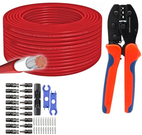 MANAX Solarkabel 6mm² - UV-beständig, flexibel, Photovoltaik Kabel, PV Kabel, Solar Anschlusskabel für Solarpanel & Wechselrichter - langlebig (Rot, 100m + Crimpzange + 10 Paar MC4 Solarstecker)