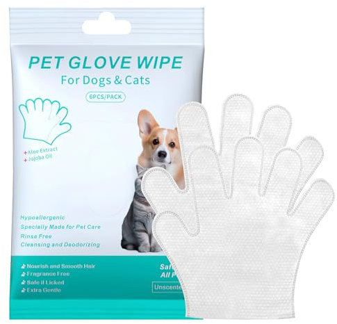 Pet Cleaning Gloves for Dogs and Cats, Hypoallergenic Grooming Wipes for Fur Face, Ears, Body, Eyes & Paws, Gentle Cleaning Grooming Wipes for Daily Care and Traveling, Wash-Free Glove, 6PCS/Pack
