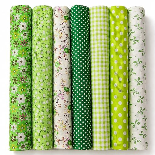 EXGOING 7pcs Fat Quarters Fabric Bundles, Green 50x50cm Precut Cotton | 20x20in (50x50cm), Precut Cotton Quilting Fabric Squares, For Sewing, Patchwork & DIY Crafts, Floral Easter Material